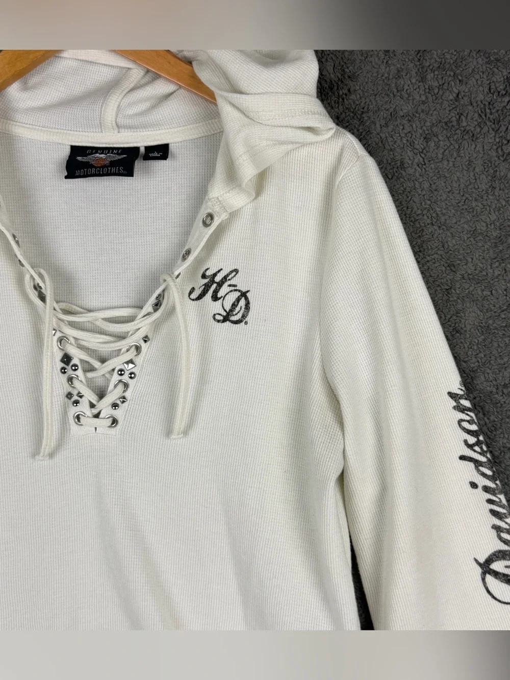 Harley Davidson White Cream Waffle Lace Up Skull Thermal Hoodie Women's Large - Picture 5 of 15